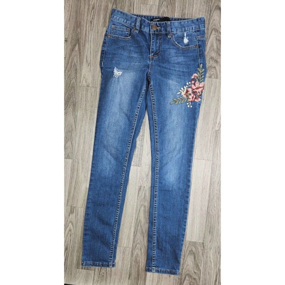 Harper Womens Size 27 Floral Embroidery Distressed Skinny Denim Blue Jeans